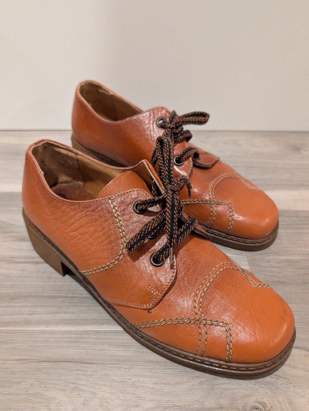 Tigerboy | Vintage German 70s Cognac Leather Contrast Stitch Derby Shoes EU 39